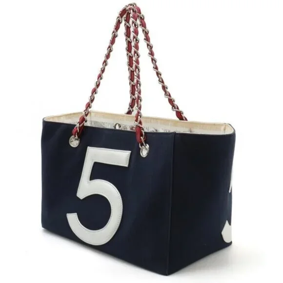 Authentic CHANEL CC No 5 Canvas Chocolate Bar Shoulder Tote Bag Quilted Chain - Picture 2 of 16